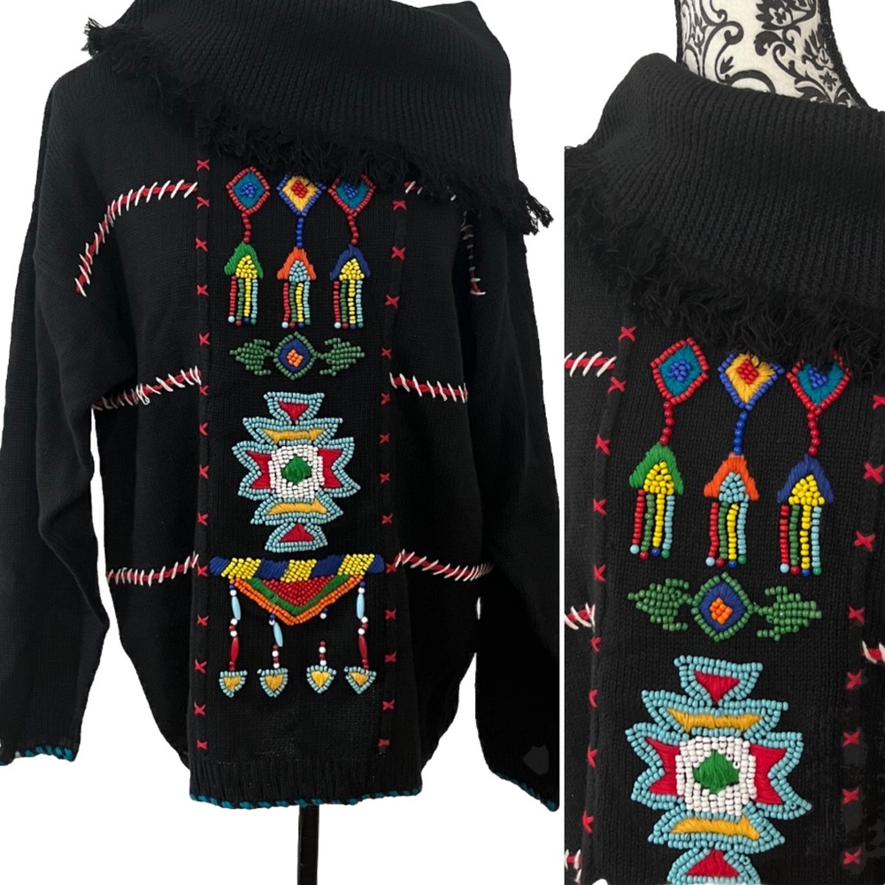 Vintage 80’s Victoria Jones Beaded Fringe 3D knit Sweater Southwestern Large